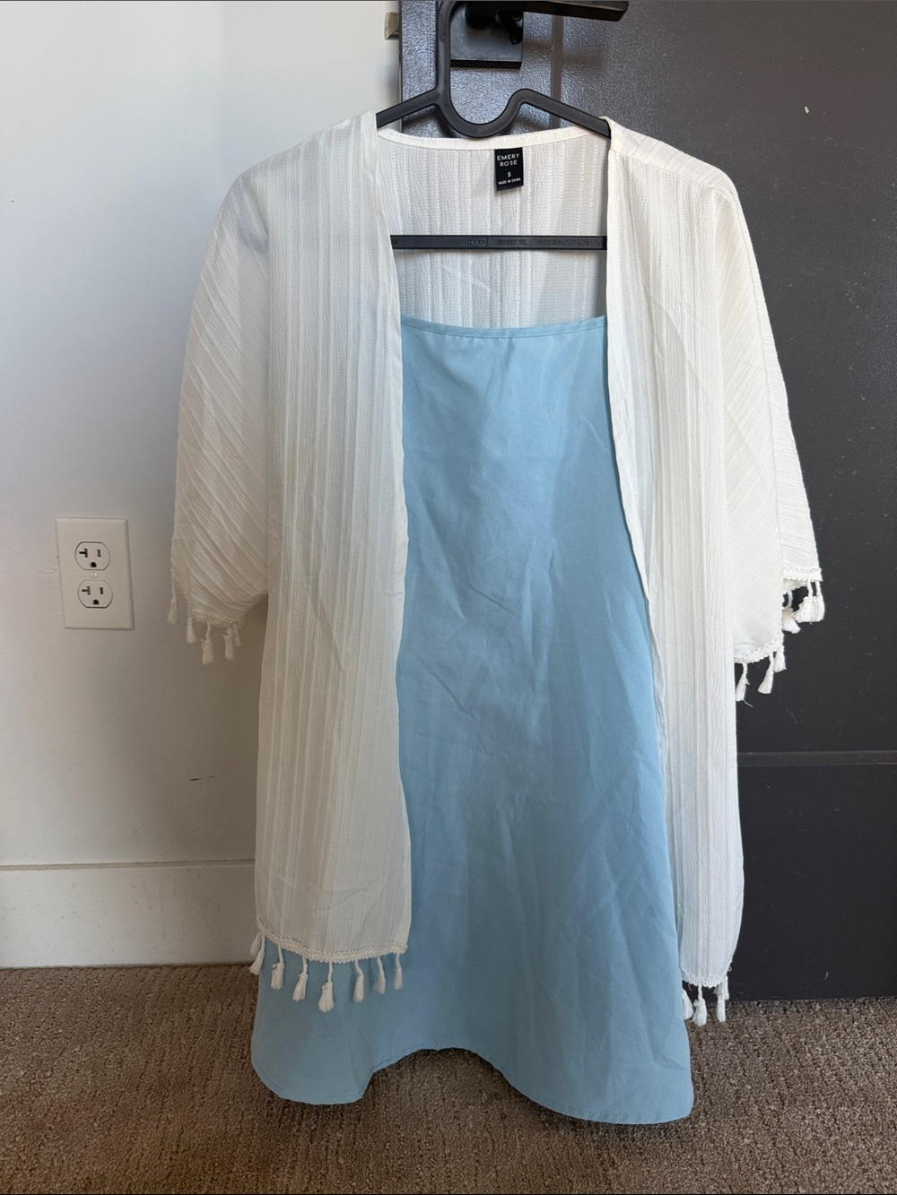 House of Harlow 1960 Light Blue Slip Dress with White Tassel Kimono Cover
